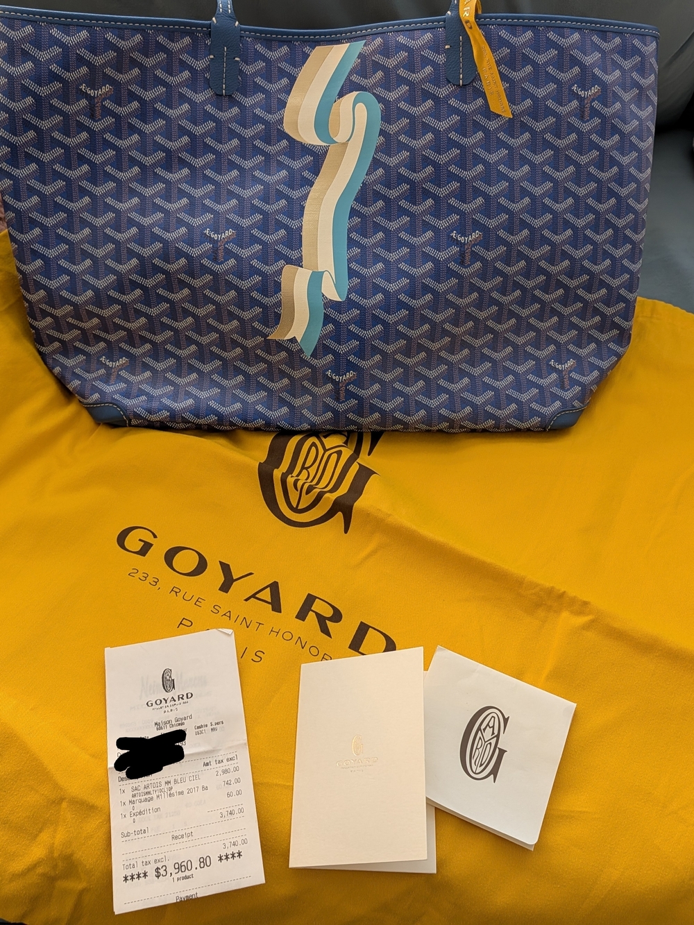 Goyard Blue Chevron Tote with Multicolor Ribbon Detail